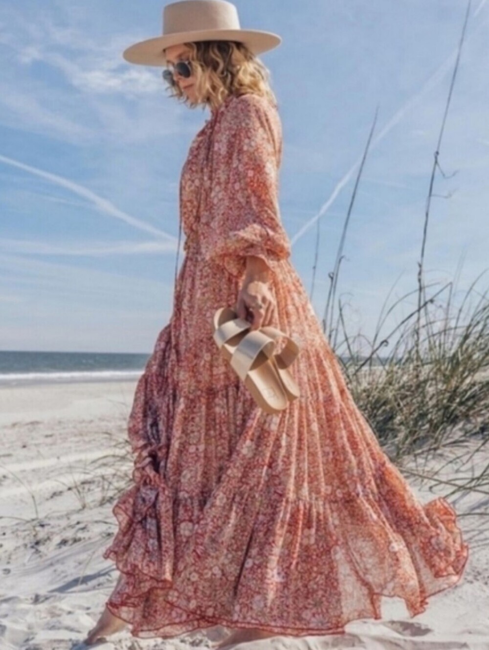 Free People Feeling Groovy Maxi Dress Pink  Combo Boho Ruffles Ditsy Floral S